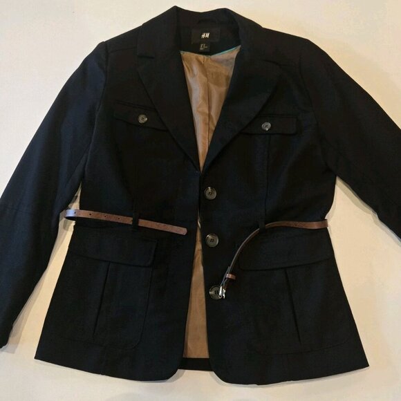 H&M Button Front Belted Black Lined Jacket Womens 12 Pockets Military Cotton Lar - Picture 2 of 10